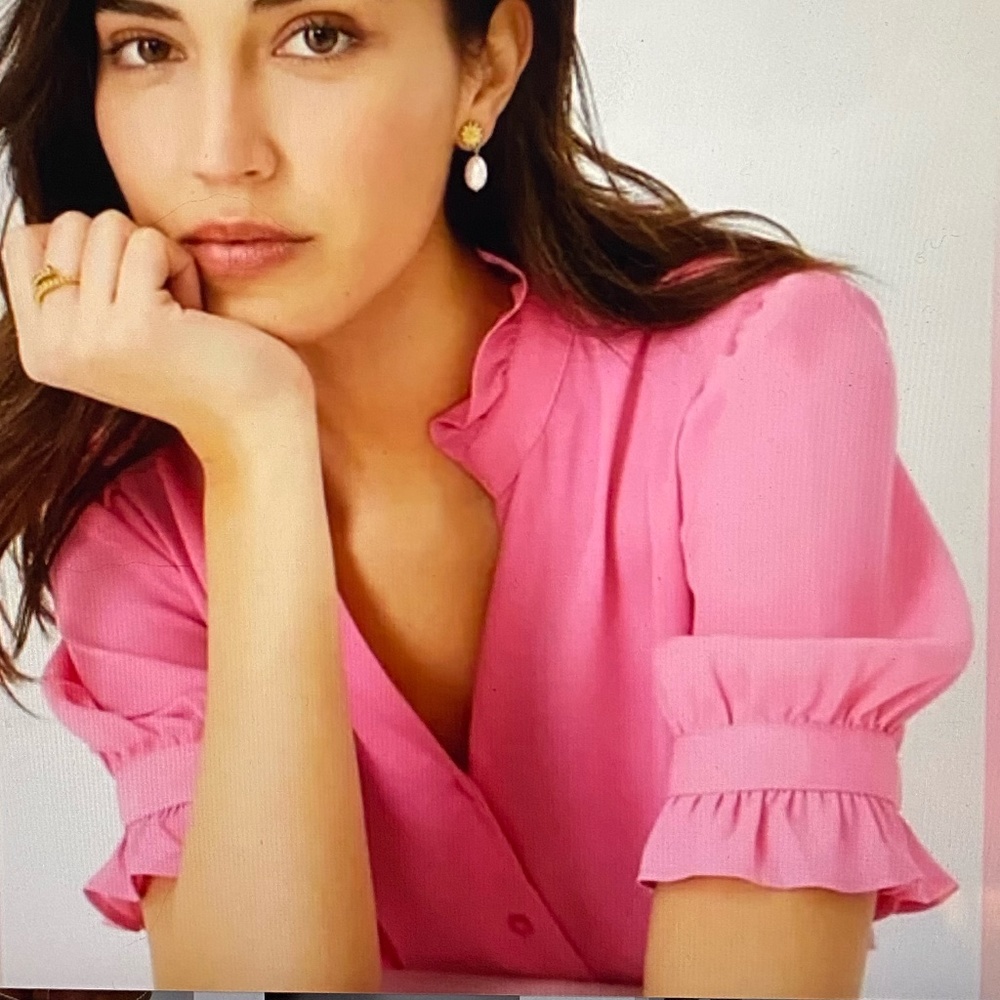 Ann Taylor Ruffle Button Top blouse in Barbie Pink